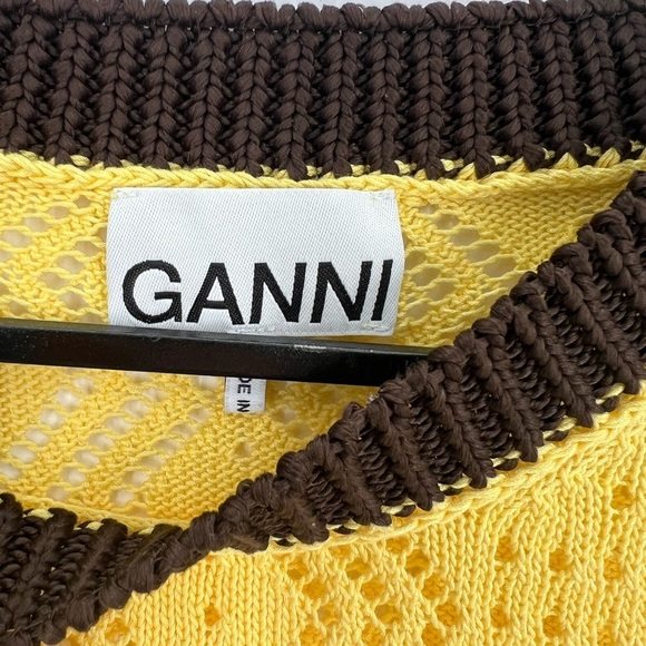 Ganni Contrast Chevron Pointelle Knit Embroidered Logo Tee Yellow Top - Picture 4 of 9